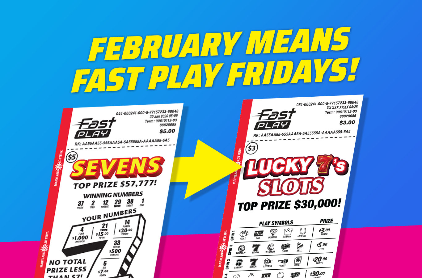 Every Friday in February, play any $5 FAST PLAY game for a chance to win a free FAST PLAY game!